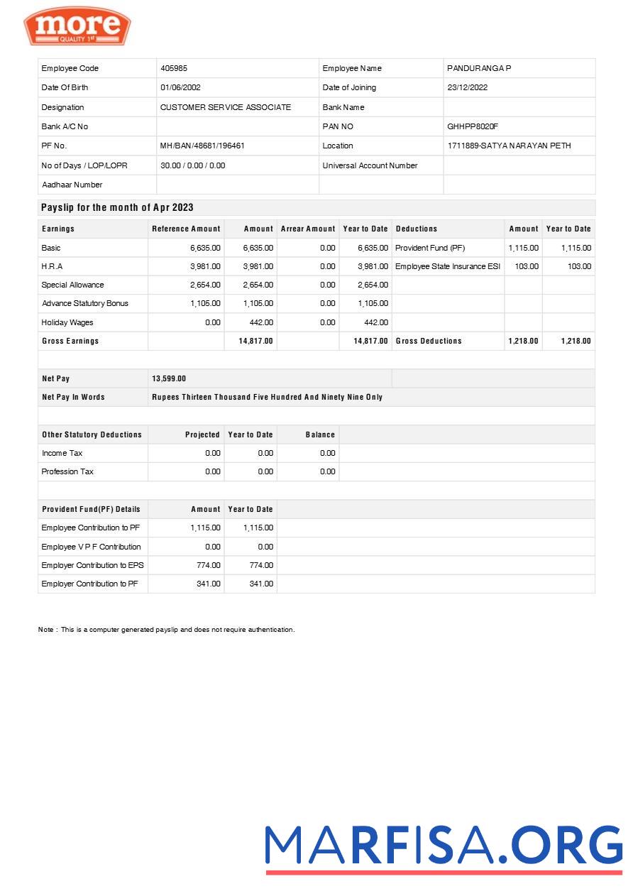 Blank More Quality 1st grocery shop payslip download for verification